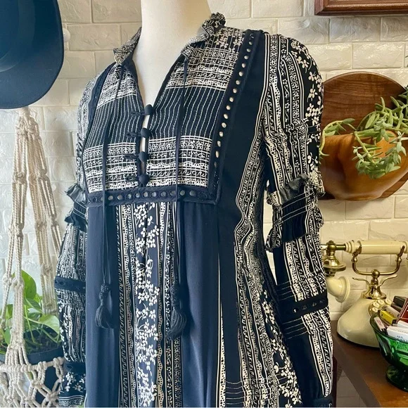 Sea New York Keely Tie-Neck Long-Sleeve Peasant Mini Tunic Dress Black Boho - Picture 6 of 15